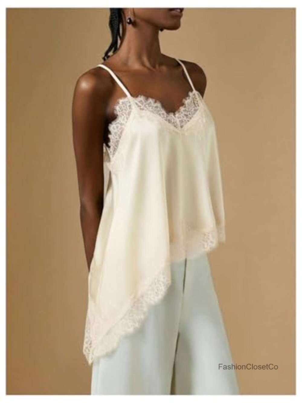Lace Asymmetrical Satin Spaghetti Strap Camisole - Backless Going Out Top - Picture 3 of 5